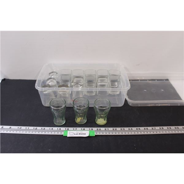 (18) Glass Shot Glasses in Container ((3) Coca Cola Style)