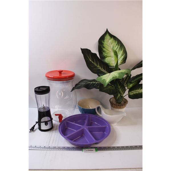 Faux Tropical Plant, Blender, Divided Serving Tray, Gravy Boat, Juice Dispenser, Bowl