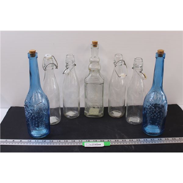 (5) Clear Glass Bottles & (2) Blue Glass Bottles