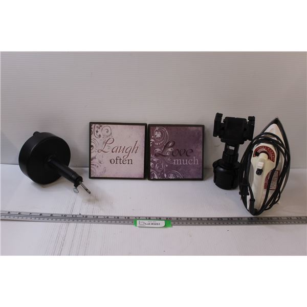 Drain Snake, (2) Wood Signs, Phone Holder, Iron