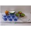 Image 1 : (6) Blue Glass Dessert Bowls, Canister, (3) Dip Trays, Vinegar Pourer, Misc.