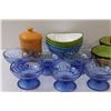 Image 2 : (6) Blue Glass Dessert Bowls, Canister, (3) Dip Trays, Vinegar Pourer, Misc.