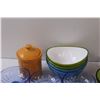 Image 3 : (6) Blue Glass Dessert Bowls, Canister, (3) Dip Trays, Vinegar Pourer, Misc.