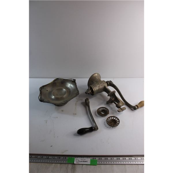 Vintage Universal Meat Grinder with Parts and Sliver Serving Stand