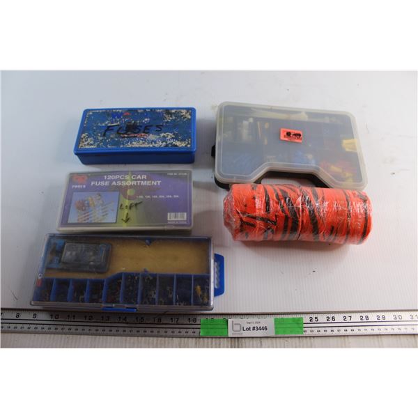 Flagging Tape, (120+) Assorted Car Fuses and Assorted Electrical Supplies
