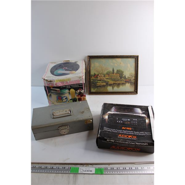 Framed Lake House Picture 13'' x 11'', AudioWox Car Radio, Ice Creamer and Metal Storage Box