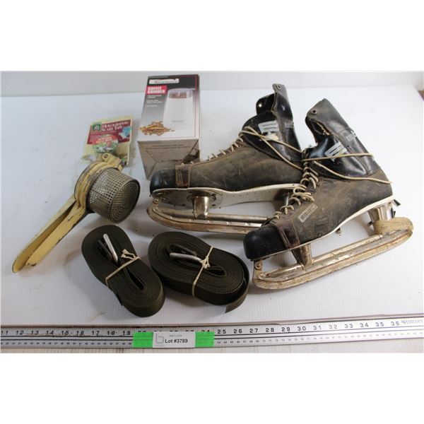 Bauer Ice Skates, (2) Straps, Lancaster Coffee Grinder and Assorted Items