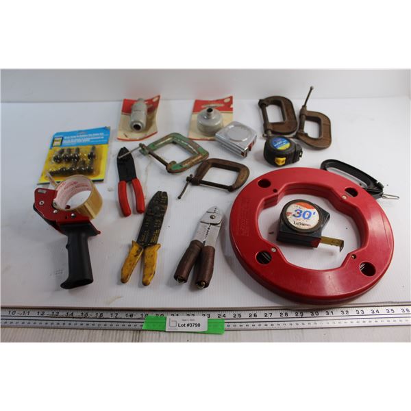 (3) Tape Measures, (4) C - Clamps. (3) Wire Strippers and Assorted Items