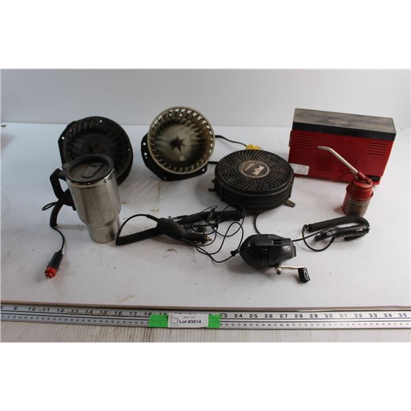 (3) Electric Fans, Electric Car Thermos, Mini Oil Can and 150 PSI Air Compressor
