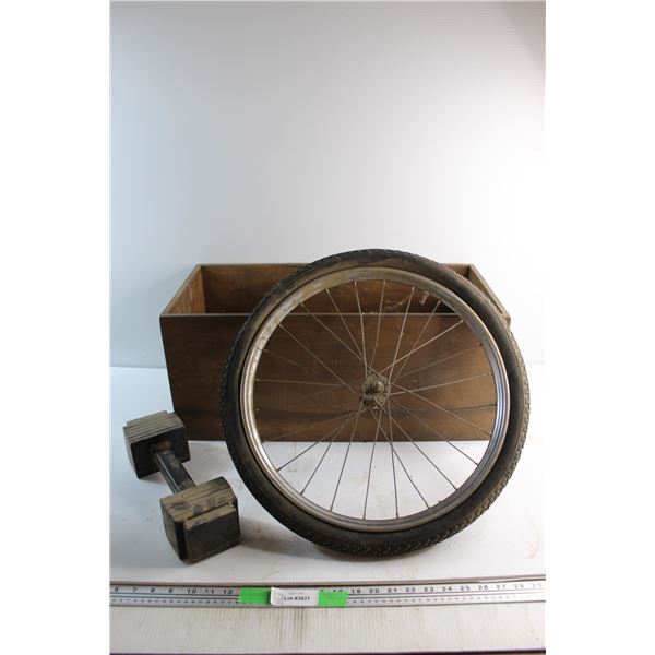 Dumbbell, Wooden Crate and Bicycle Wheel 20''