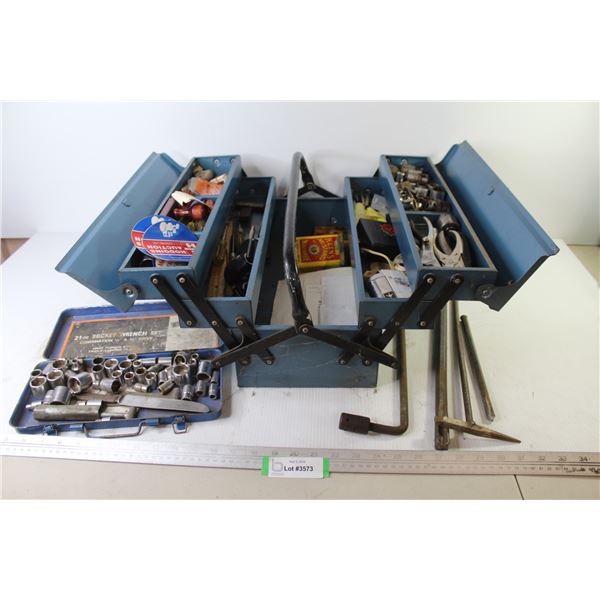 Fold Out Tool Box w/ Contents - Partial Socket Set - Sm Chipping Hammer & Rods