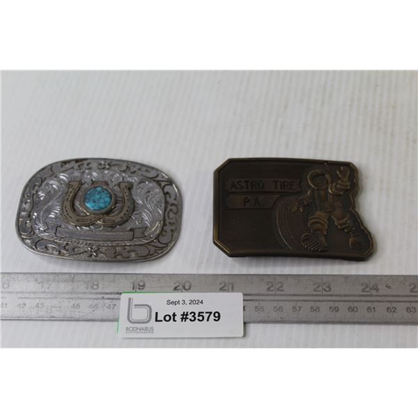 (2) Vintage Belt Buckles - Astro Tire P.A. - Horse shoe Western