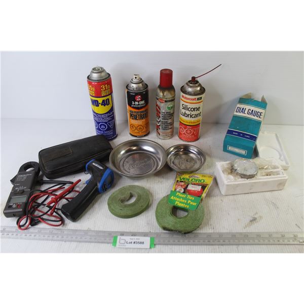 Cans of Lubricants - (2) Magnetic Trays - Multimeter - Mastercraft Digital Thermometer - Dial Gauge