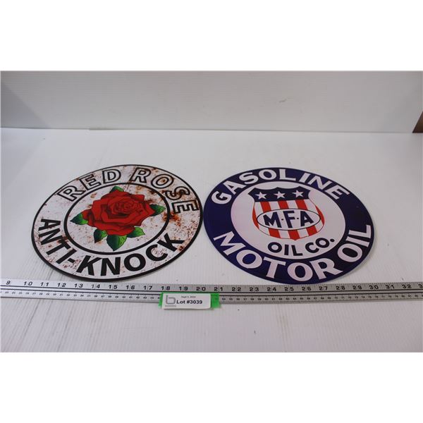 (2) Metal Signs: Red Rose & Gasoline Motor Oil