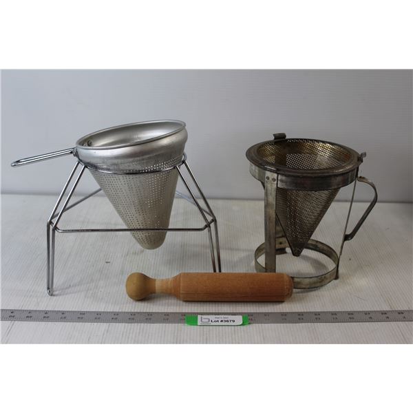 (2) Berry Sieves, Wooden Pestle