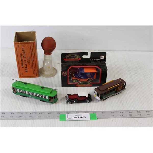 (2) Model Trains, Hot Wheel, Classic Memories Die Cast Cadbury Truck, Seiberling Breast Pump