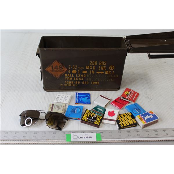 US Army Military Ammunition Ammo Box Full Of Assorted Match Sticks, Sunglasses