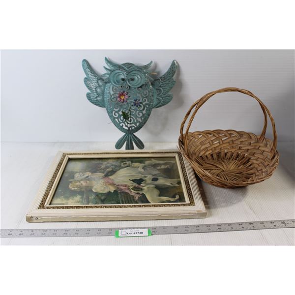 Wicker Basket, Metal Owl Garden Decoration, Puppies and Kitten With Girl Framed Art - 17" x 14"