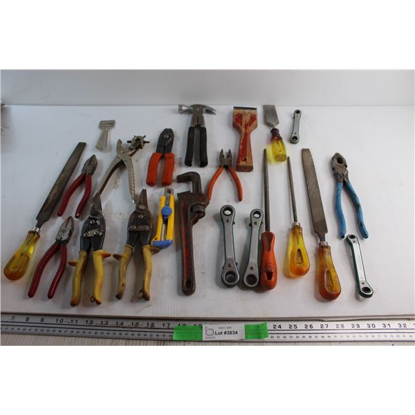 (5) File Tools, Wire Stripper, Adjustable Wrench and Assorted Tools