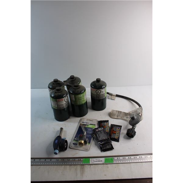 Propane Tank Hose, (5) Coleman Propane Tanks, (5) Mystical Fire Pouches and (2) Campsite Torches