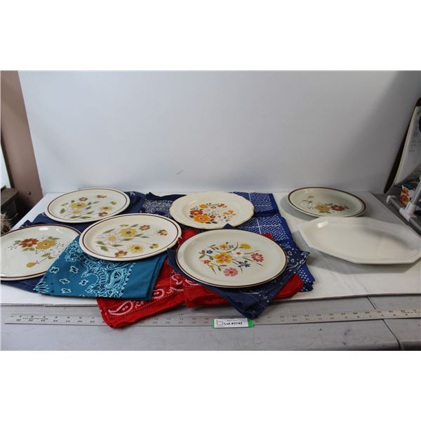 (6) Plates, (15) Handkerchiefs, Johnson Brothers Heritage White Ironstone 12" Serving Platter Englan