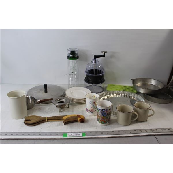 (2) Wooden Spoons, (4) Mugs, Ice Tray, (3) Assorted Pans, Cuisinart Food Spiralizer, (5) Sonata F