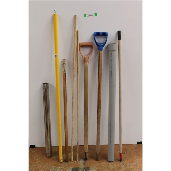 * Metal Pipe, Plastic Pipe, (5) Wooden Poles/Tool Handles, (2) Shovel Handles