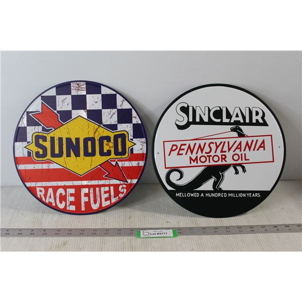 (2) Circular Metal Signs: Sunoco Race Fuels, Sinclair Pennsylvania Motor Oil