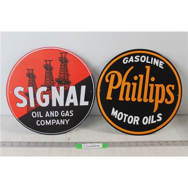(2) Circular Metal Signs: Signal Oil and Gas Company, Philips Gasoline Motor Oils