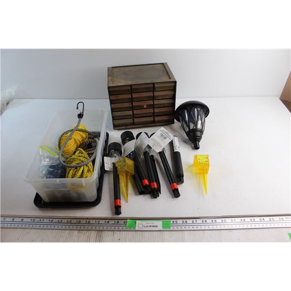 (5) MiniSolar Pathway Lights, Hardware Drawer and Assorted Bungee Cords