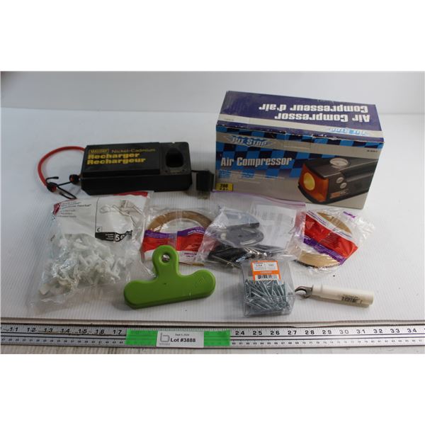 Pit Stop Air Compressor, Mallory Recharger - Untested, Bungee Cord and Assorted Items