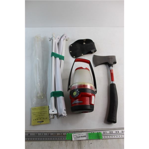 Jobmate Camping Axe, Metal Shelf Rackets and Energizer Weather Ready Light