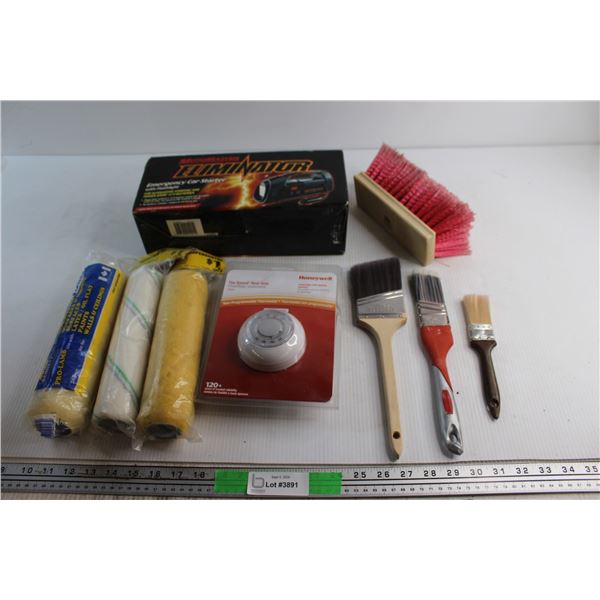 Assorted Painting Supplies, Motomaster Emergency Car Starter and Honeywell Thermostat