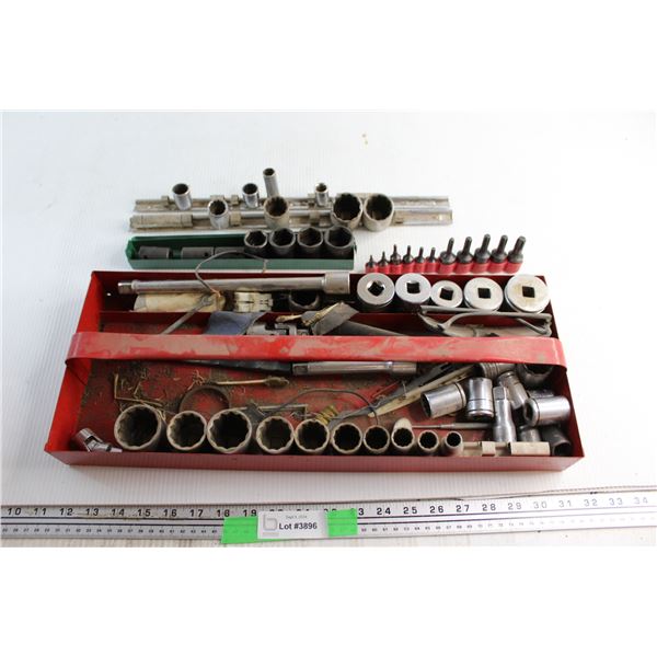 Safety Glasses, Assorted Drill Bits and Assorted Socket Sets