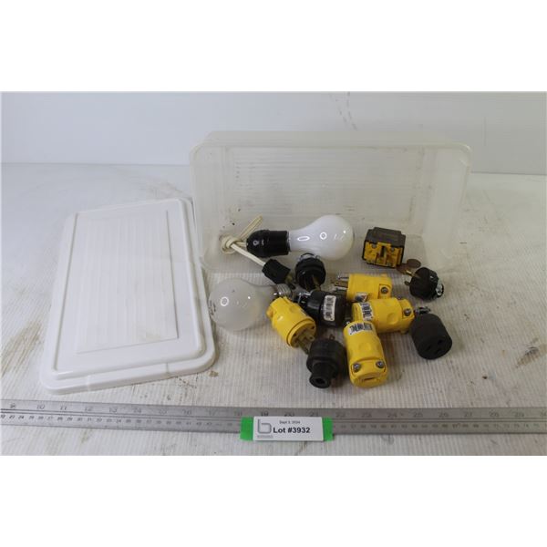 Plastic Container - Extension Cord Plug Ends - Light Bulbs
