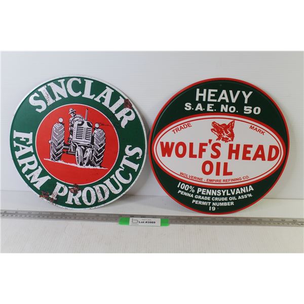 (2) 11 3/4" Round Tin Signs - Sinclair - Wolf's Head