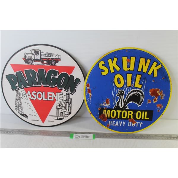(2) 11 3/4" Round Tin Signs - Skunk Oil - Paragon