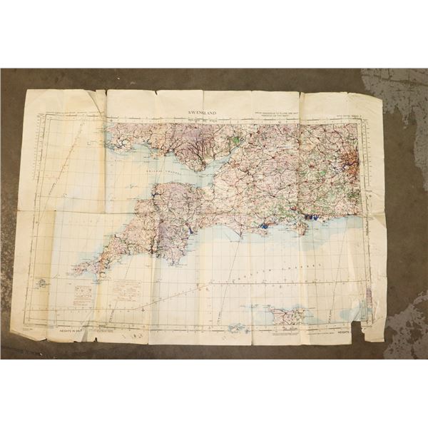 #956 WW2 WORN RAF BRITISH SW ENGLAND MAP 41X27.5