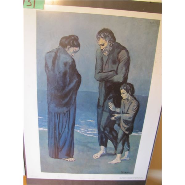 Three pieces of artwork one is THE TRAGEDY by Picasso