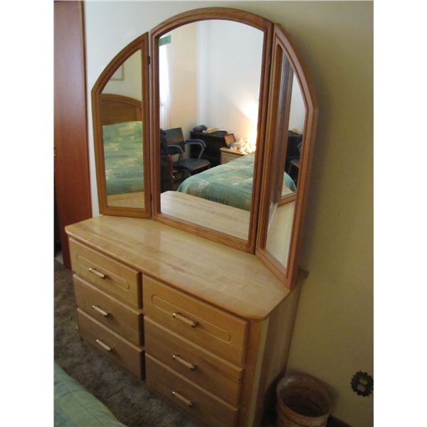 SOLID WOOD 5 piece bedroom suite includes two bedside end tables , headboard, Dresser with mirror, a