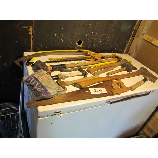 Hand saws, sledgehammer, axes, hammers,   fence tightener