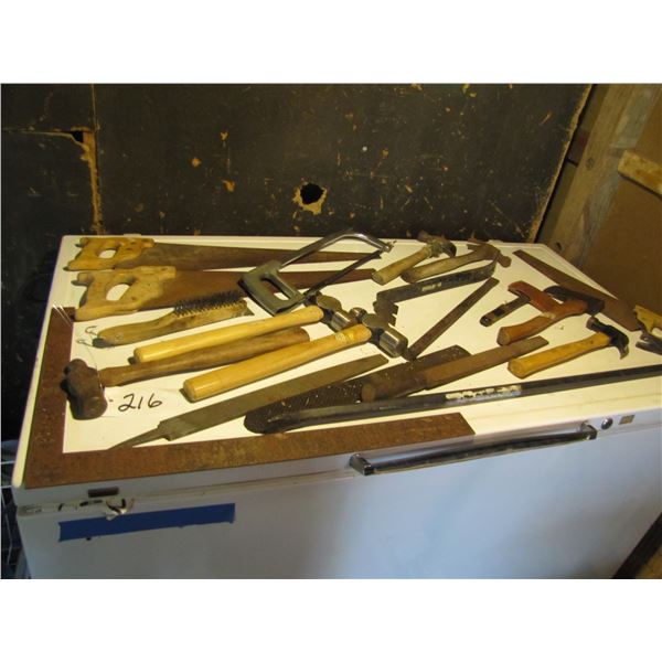 Hand saws, files , hacksaw, framing square, crowbar,