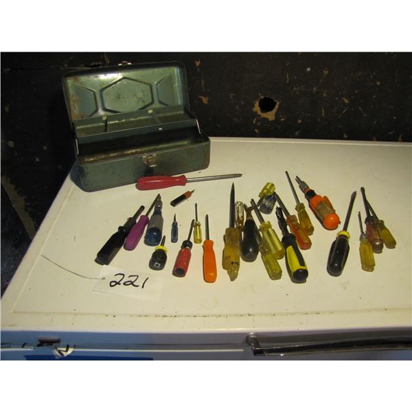 Assorted screwdrivers with metal tackle box