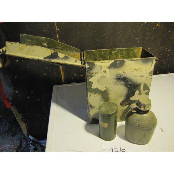 Metal ammunition container with plastic canteen and tins