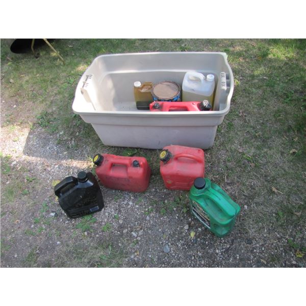 Tub of assorted shop fluids