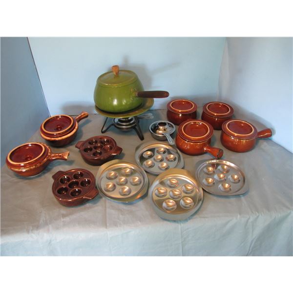 French onion soup bowls, escargot dishes, fondue pot