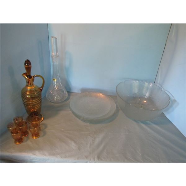Crystal decanter, plates and bowl , gold trimmed decanter and glasses