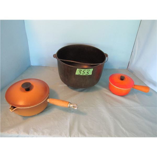 Cast cauldron pot and two pots with lids