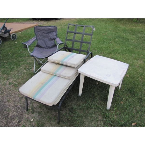 Lawn Lounger , Chair, and table