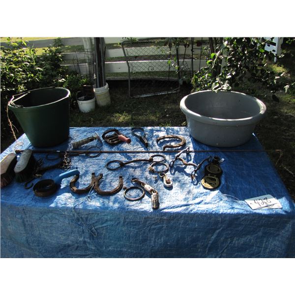 Feed buckets , horseshoes , curry Combs Etcetera